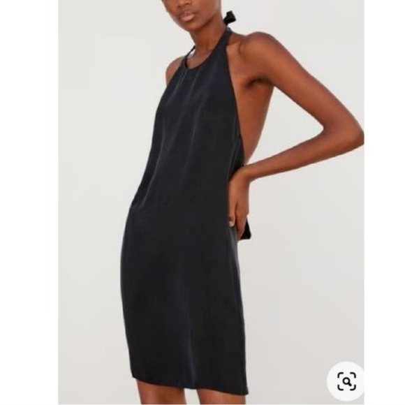 Zara Black Satin Tie Halter Open Back Dress Size Medium - Picture 1 of 12